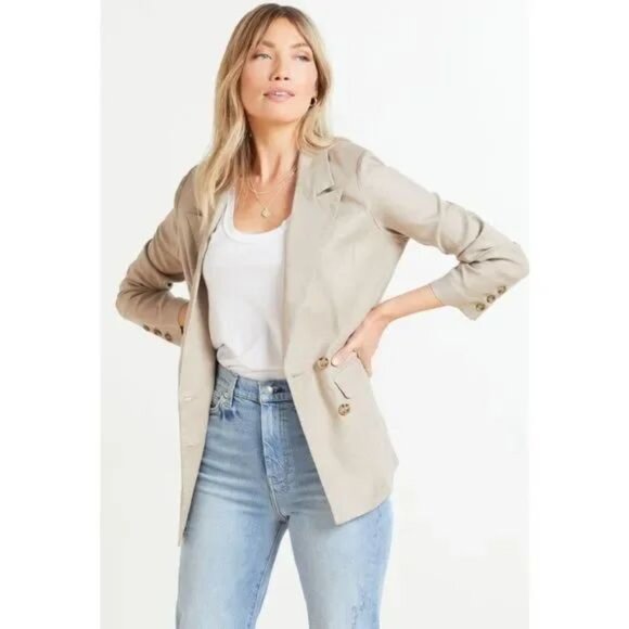 Evereve Alexa Double Breasted Linen Blend Blazer in Safari Tan Size Large - Picture 1 of 14